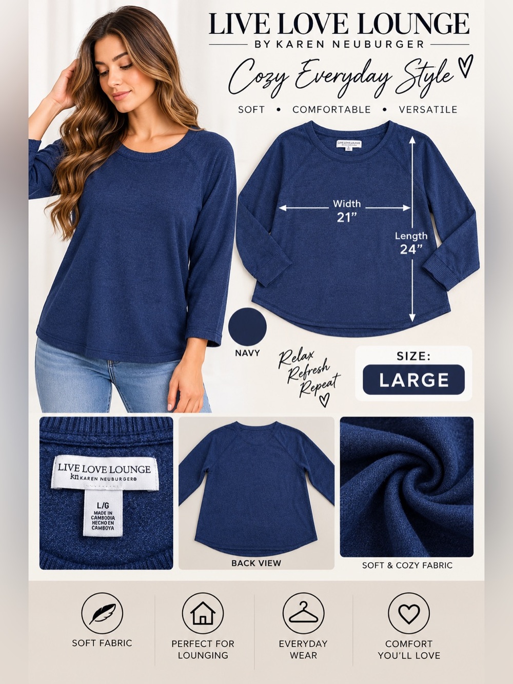 Live Love Lounge Karen Neuburger Women’s Large Blue Raglan Pullover Sweatshirt